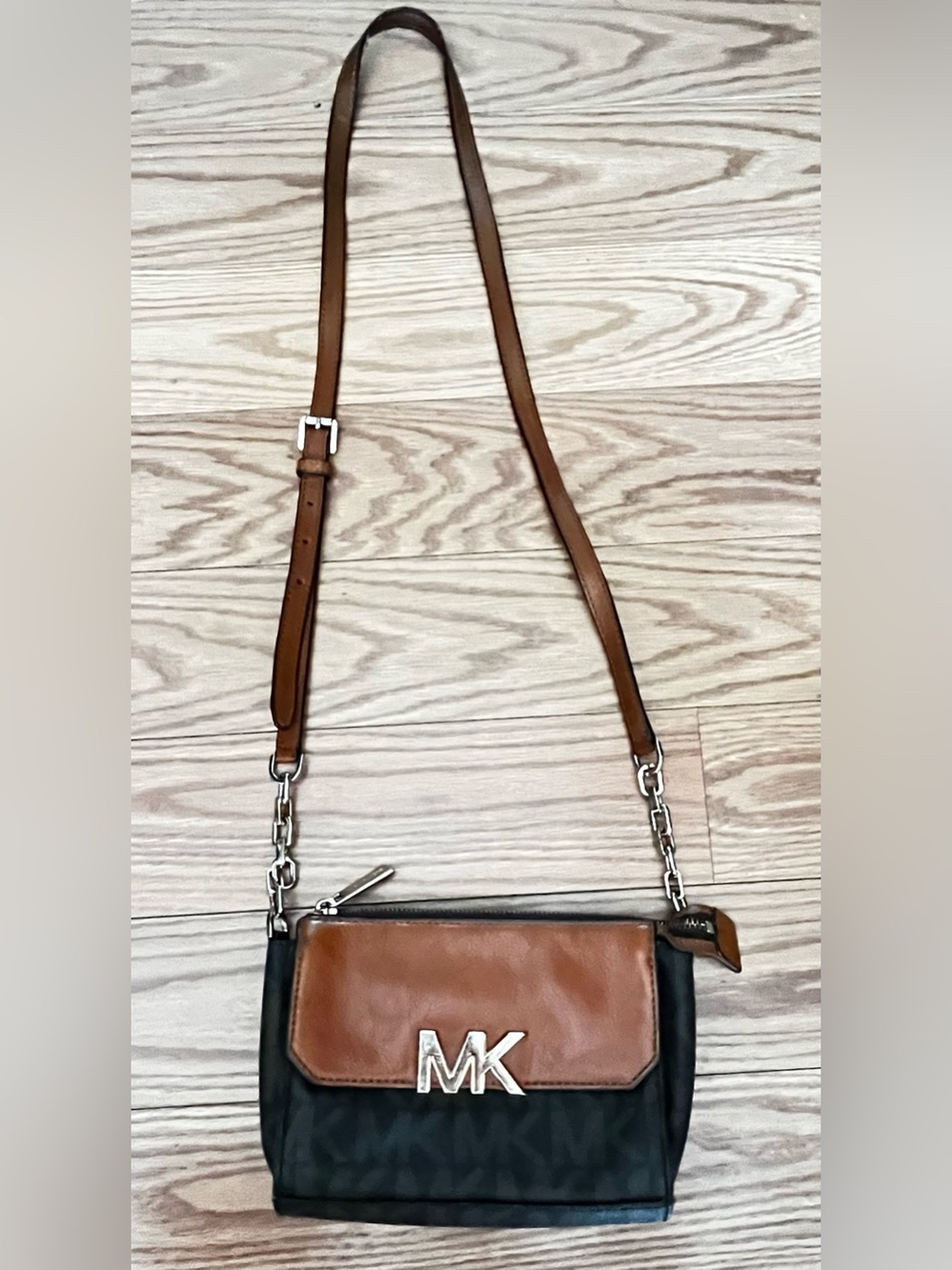 Michael Kors Florence Crossbody bag silver "MK" logo coated canvas leather trim